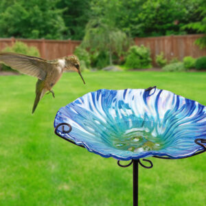 MUMTOP 26 Inch Height Glass Birdbath Birdfeeder with Metal Stake Garden Outdoor Blue